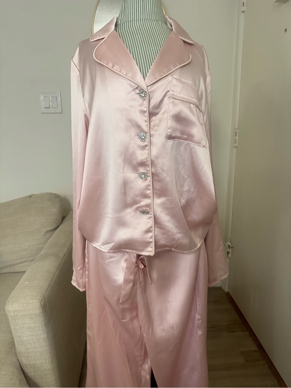 Lulus Pink Satin Rhinestone Button Pajama Set Size M